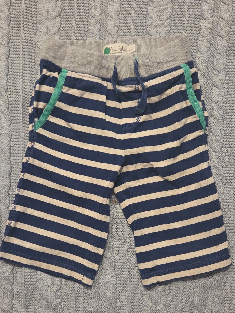 Mini Boden Boys 4 Green Navy Blue Striped Cotton Jersey Shorts Baggies